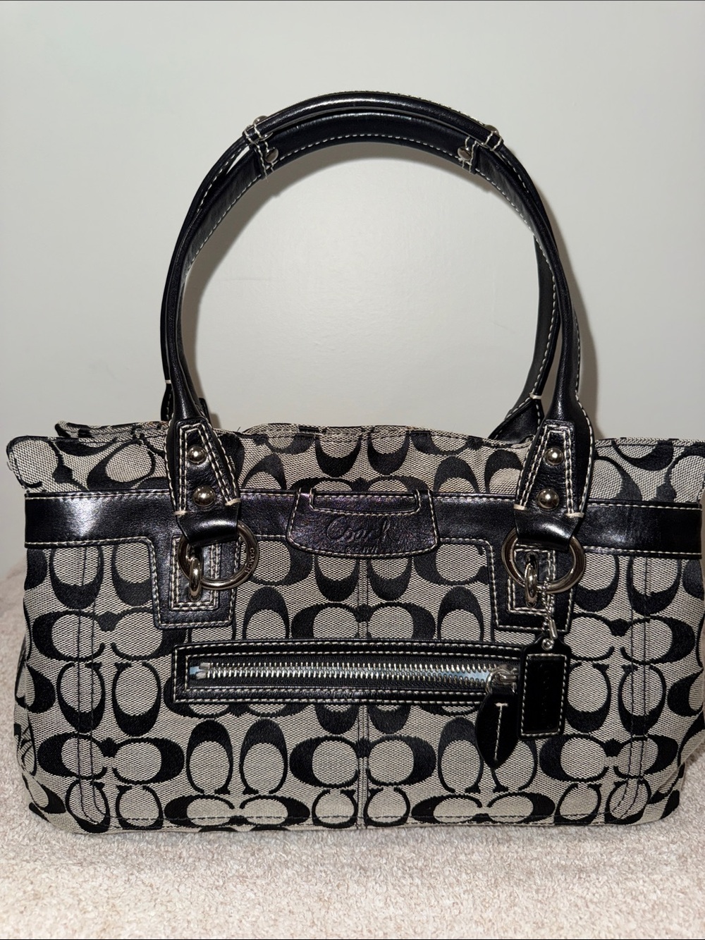 Coach Black and Khaki Signature Canvas Satchel